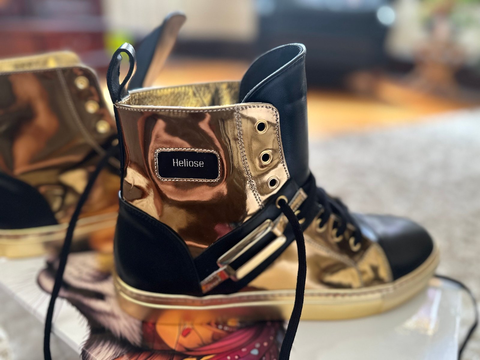 Heliose gold shoes photographed in person