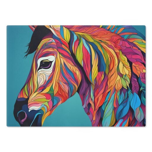 colorful horse cutting board, vibrant kitchen decor, gift for horse lovers, unique kitchenware, artful cooking accessory