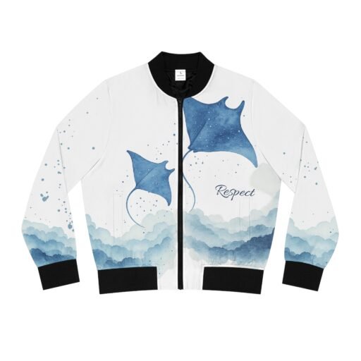 white manta ray bomber jacket, ocean lover gift, stylish beach outerwear, casual fashion statement, respect design, women's coat