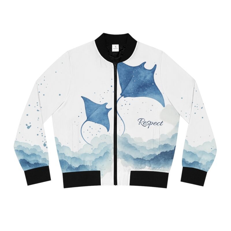 white manta ray bomber jacket, ocean lover gift, stylish beach outerwear, casual fashion statement, respect design, women's coat