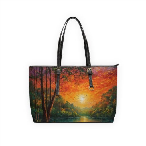 sunset landscape pu leather shoulder bag, artistic tote, nature lover gift, stylish handbag, eco friendly fashion
