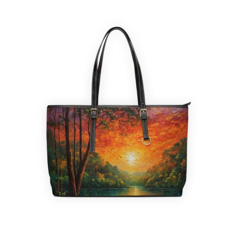 sunset landscape pu leather shoulder bag, artistic tote, nature lover gift, stylish handbag, eco friendly fashion