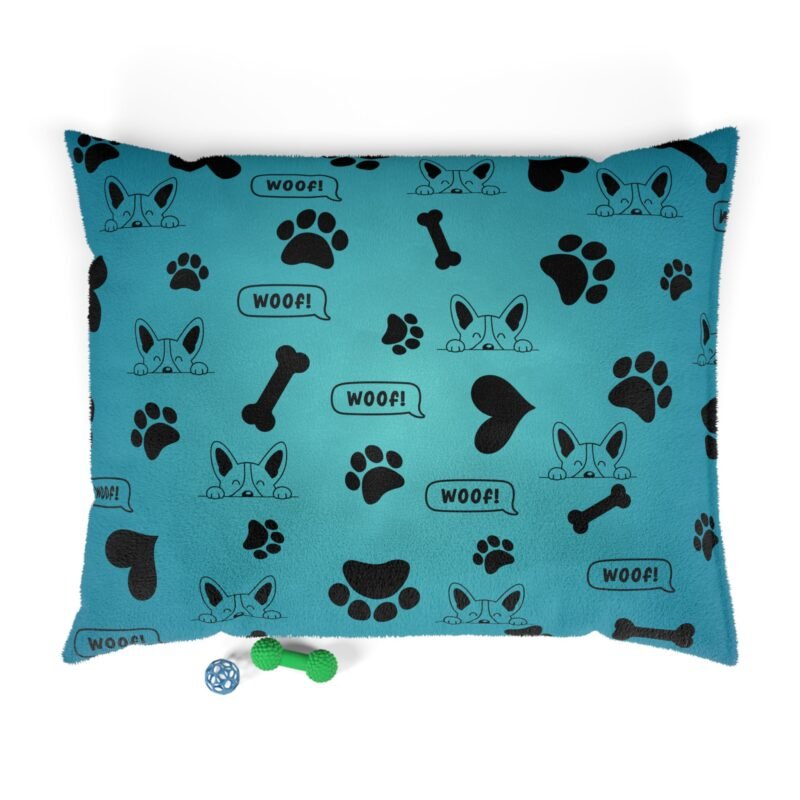 cozy pet bed with fun woof! design | dog bed for small to medium pets | perfect for dog lovers, pet gifts, home decor, cozy sit