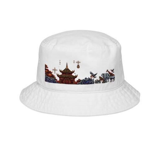 embroidered bucket hat with artistic asian animal kingdom landscape, summer hat for beach, travel accessory, festival headwear, unique gift