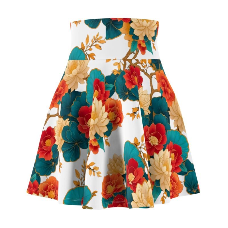 red asian flowers womens skater skirt, bohemian summer fashion, casual everyday wear, vintage inspired, womens floral print skirt