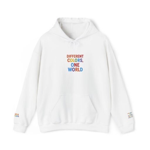 embroidered unisex hoodie, colorful world design, arm sayings, gift for all, unisex, comfortable pullover, warm sweatshirt, stylish jumper