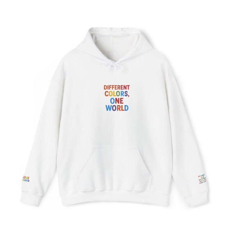 embroidered unisex hoodie, colorful world design, arm sayings, gift for all, unisex, comfortable pullover, warm sweatshirt, stylish jumper