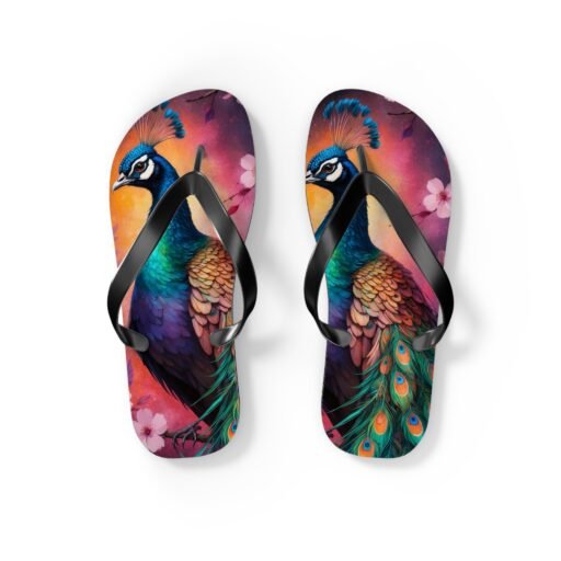 vibrant peacock flip flops, colorful summer footwear, beach accessories, vacation must have, unique gift for her