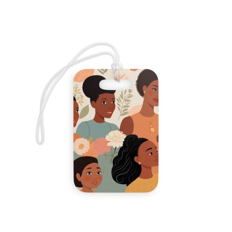 black women's vibrant luggage tags, creative travel accessories, unique designs, personalized bag tags, gift for globetrotters, family