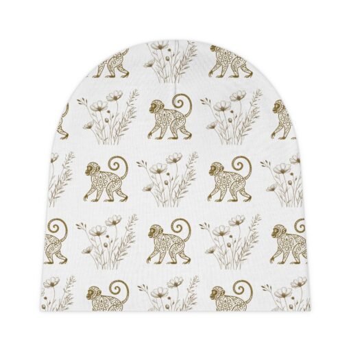 whimsical monkey baby beanie, cute infant hat, baby shower gift, nursery accessory, floral print beanie, everyday wear cap