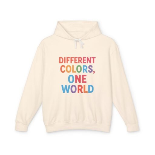 colorful world message hoodie unisex lightweight hooded sweatshirt, casual wear, inspirational gift, earth day apparel, diversity fashion