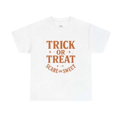 halloween trick or treat tee, unisex cotton shirt, seasonal apparel, spooky outfit, fall celebration, gift for kids and adults
