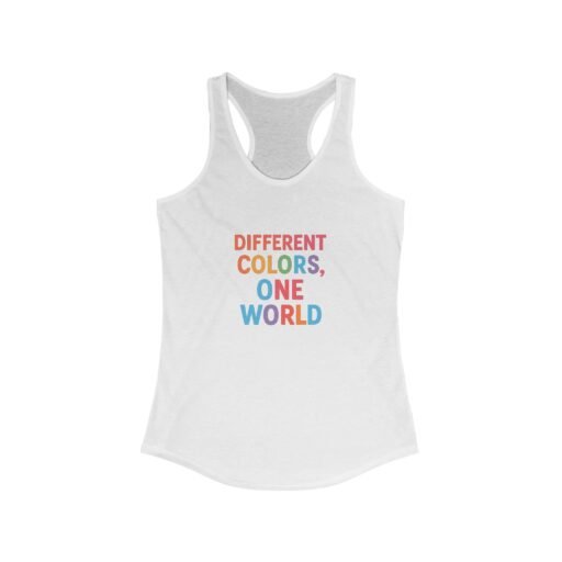 different colors, one world racerback tank women's summer tee, inclusive apparel, pride shirt, gift for friends, casual wear