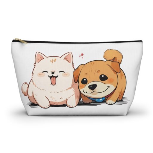 white cute dog lover's accessory pouch, adorable pet makeup bag, gift for dog owners, zipper pouch for essentials, fun animal design
