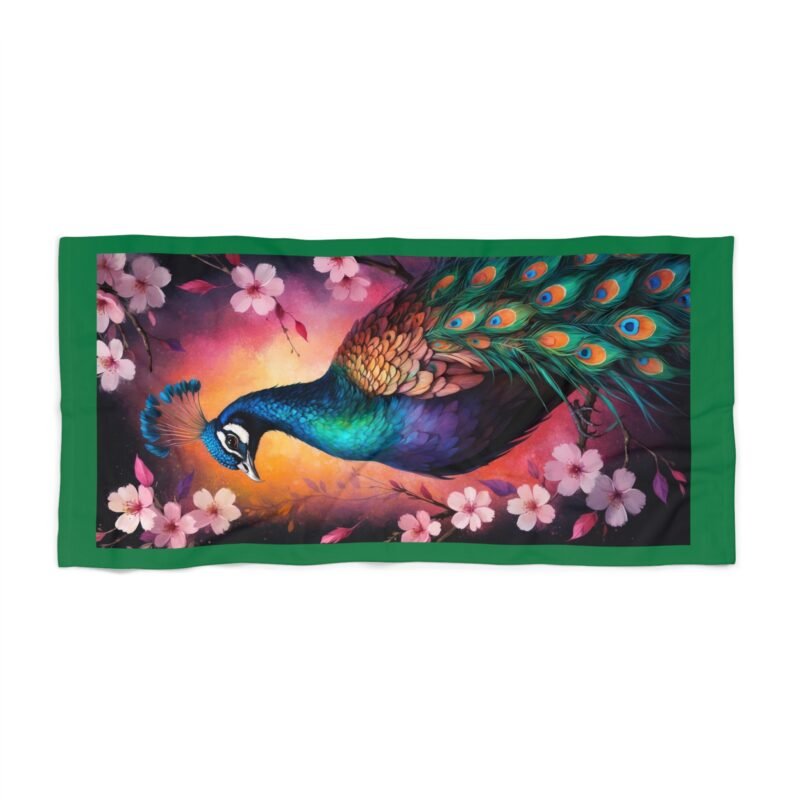 vibrant peacock beach towel tropical art towel, summer essential, poolside accessory, gift for beach lovers, outdoor adventure